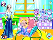 Baby Elsa Bubble Bath game screenshot, showing baby Elsa happily playing with toys in a tub filled with colorful bubbles and flowers.