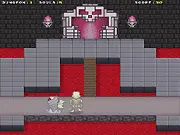 Dungeon Traveler game screen, character fighting giant skeletons with an axe in a dark, pixelated dungeon room, free online action RPG