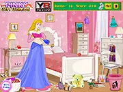Aurora Messy Room Clean Up game screenshot, showing a highly cluttered bedroom that needs to be tidied up quickly to wake Princess Aurora.