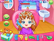 Baby Girl Hairdresser game screenshot, Baby Nikki crying in a salon chair, icons floating above her head for items like a toy or bottle, hair care and baby care gameplay