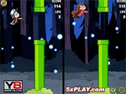 Flappy Gravity Falls game screen, Dipper and Mabel flying through a dark forest, avoiding obstacles, free online flappy-style game