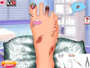 Foot Doctor! game screen, close-up of an injured foot being treated with medical tools, free online surgery simulation game