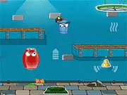 Screenshot of the Bucket Cop free game showing a bucket-headed guard attempting to stop stick-figure criminals escaping from a prison