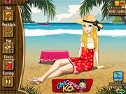 Screenshot of Beach Beauty Dress-Up free online game showing Monica, a girl, wearing a stylish swimsuit and sun hat on a beach