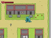 Nomzilla: Munching Mayhem game screen showing a pixel art monster destroying a human town with buildings and cars. Free online action game on PlayArcadeHub.