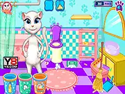 Angela's Bathroom Cleanup game screen showing the animated character Angela holding cleaning supplies in a freshly scrubbed bathroom