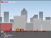 Screenshot of Squashed! showing a large, heavy block mid-air, about to drop and flatten a group of small, running stick-figure humans on the ground.