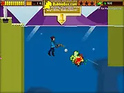 Screenshot of the Epic Revenge sidescroller game showing a character shooting a horde of crazy-looking monsters as they move across a 2D level.