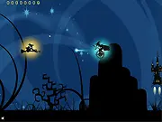 Screenshot of the Baba Ragana fantasy horizontal scrolling shooter game showing a flying character dodging a large Flying Castle obstacle while shooting a magical enemy.