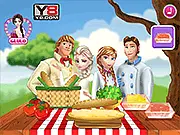 Frozen Family Picnic online game screenshot, Elsa and Anna dress-up for picnic, free family food preparation game