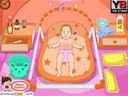Baby Stomach Upset Care game screen, nurse or sitter giving medicine to a baby, free online caring simulator game