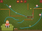 Screenshot of the free online game Hungry Grew 3, showing a user-drawn line guiding a piece of candy toward the character Grew.