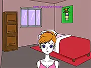 Screenshot from Monica the Mannequin visual novel, showing a character interacting with a female mannequin girl.