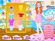 Fashion model choosing a colorful bikini and applying makeup to get ready for a tropical vacation in the free online dress up game