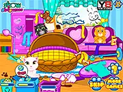 Tom and Angela Cat Makeup Baby Room online free game screenshot, cleaning up the nursery, decorating cat baby room, caring for small kittens on PlayArcadeHub