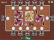 Zombie Guest game screenshot, arranging zombie characters at a table near brains and far from flowers, free online puzzle game