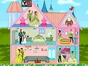 Princess Tiana Wedding Doll House online game screen, decorating a royal dollhouse with stylish furniture and decorations.
