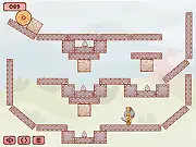 Fragile Hero free online physics puzzle game screen showing a stone wheel about to pummel a small hero figure.