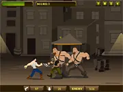 Screenshot from Ultimate Revenge Action Online showing the protagonist, Daniel, holding a weapon and engaged in a fierce battle against several armed enemies in a dark, urban setting.