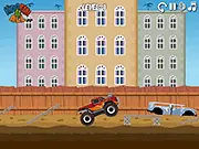 Monster Trucks Rampage free online driving game, massive truck crushing cars in a city, demolition game