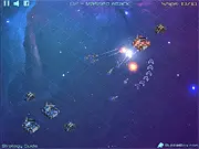 Screenshot of Spiral Drive Tactics online game showing blue and red ships battling to capture a neutral space station in a circular motion. Play this free strategy game.