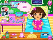 Dora Disease Doctor Care game screen, Dora the Explorer in a doctor clinic, free online kids game