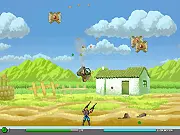 Screenshot of No More Aliens game, Magnus Bullet fighting alien invaders with a four-weapon combination, free online shooter game