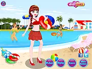 Screenshot of Water Park Dressup game, character trying on a new swimsuit and hat, free online summer fashion game