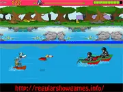 Regular Show: Canon Spear game screen, Mordecai and Rigby firing a cannon at river monsters, free online action game