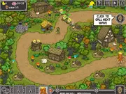 Screenshot of Zombie Crusade 2 tower defense game showing a line of upgraded armed towers firing at a horde of zombies invading a castle. Play this free strategy game.