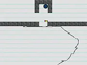 The game screen for Adventures of SuperPencil, showing the pencil hero navigating dangerous obstacles like black holes and portals in a free online puzzle game.