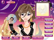 Stylish DJ free dress up game screenshot, girl standing next to a music mixing console wearing a glamorous outfit