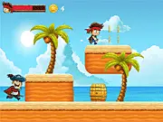 A young sailor running and jumping over a trap while a pirate chases and shoots a bullet in the background of the free Pirate Run Away online game.