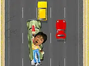 Screenshot of Ling Valentine clinging to a nuclear missile truck avoiding cars in LINGsCARS game