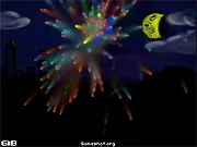The game screen for Fire-Work-Out, an online arcade game showing colorful fireworks exploding in the night sky.