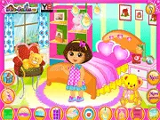 Screenshot from Dora Bedroom Decor online game showing Dora in a newly decorated, colorful bedroom with a large bed and stylish wallpaper. Play this free decorating game.