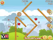 Screenshot of Perfect Pou Couple Puzzle online game showing Mr. Pou and Mrs. Pou separated by an obstacle, with a drawn line bridge used to connect them. Play this free physics game.