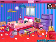 Cute Dora Bedroom Cleanup free game online screenshot showing Dora's messy bedroom and various objects to be sorted