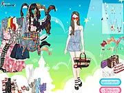 Screenshot of Korean Romantic Lolita Dress Up game featuring a female character wearing a pastel, lace-trimmed dress with Korean-style accessories.