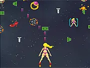 Screenshot from Cyborg Chicks Vs Space Sandwiches, a funny vertical shooter game showing a cyborg character fighting large space food enemies