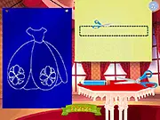 Screenshot of the Sofia Designer game where a girl, Princess Sofia, is shown on the screen with various tools and options for designing a custom dress, including fabric swatches and accessory selections.