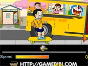 Doraemon Late To School free online game screenshot showing Nobita running and jumping to catch the bus.