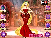 Screenshot from Rapunzel Ball Prep, showing Princess Rapunzel trying on a magnificent ball gown in a castle dressing room, surrounded by clothes and accessories.