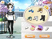 Screenshot of Back to School Style 1 dress-up game, showing a fashionable boy and girl standing together with a selection of trendy clothes.