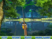 Forest Lake Fishing free online simulator game screenshot showing a peaceful forest lake, a fishing rod, and fish species like pike and bream