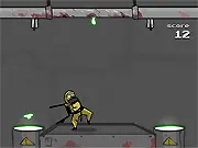 Acid Panic free online arcade game screenshot featuring a retro-style character catching dripping green acid in a bucket to empty it into disposal barrels.