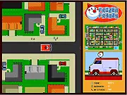 Frozen Frenzy free online game screenshot, character delivering a large ice cream cone to a happy kid in the neighborhood.