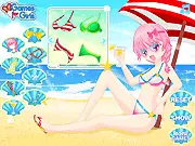 Beach Girl Dress Up free online game screenshot, showing Charlotte in a stylish bikini and sun hat at the beach.
