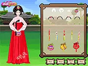 Traditional Korean Hanbok Dress-Up game screenshot: girl wearing a beautifully colored Hanbok (chima and jeogori), free online cultural fashion game