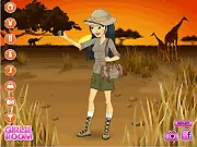 Ami on Safari Dress Up free online game screenshot, showing Ami in stylish safari clothes in the wild world of Botswana.